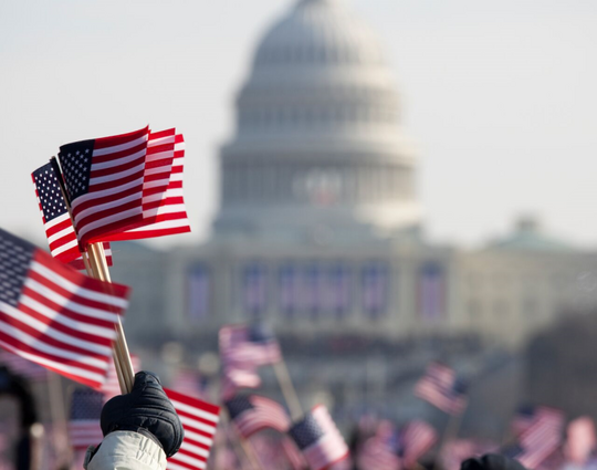 a crowd with american flags in front of a capitol building